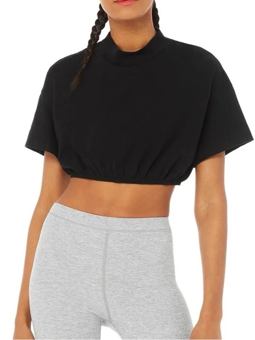 Alo Yoga Kick It Black Mock Neck Cinched Waist Short Sleeve Crop Tee Top Small